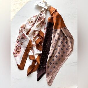 NWT Anthropologie Printed Hair Scarves Set of 2 Brown Colorblock Ivory Floral